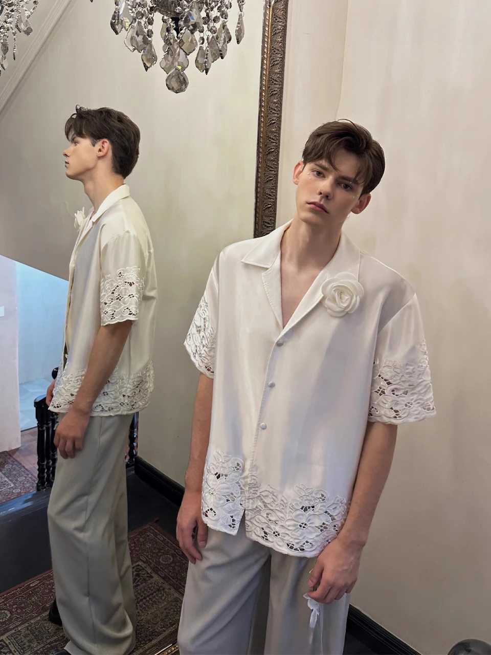 Trendy Rose Design Lace Edge Short Sleeve Shirts Men's 2025 Summer New Fashion Tops Gentleman High-end Silky Smooth Satin Shirts
