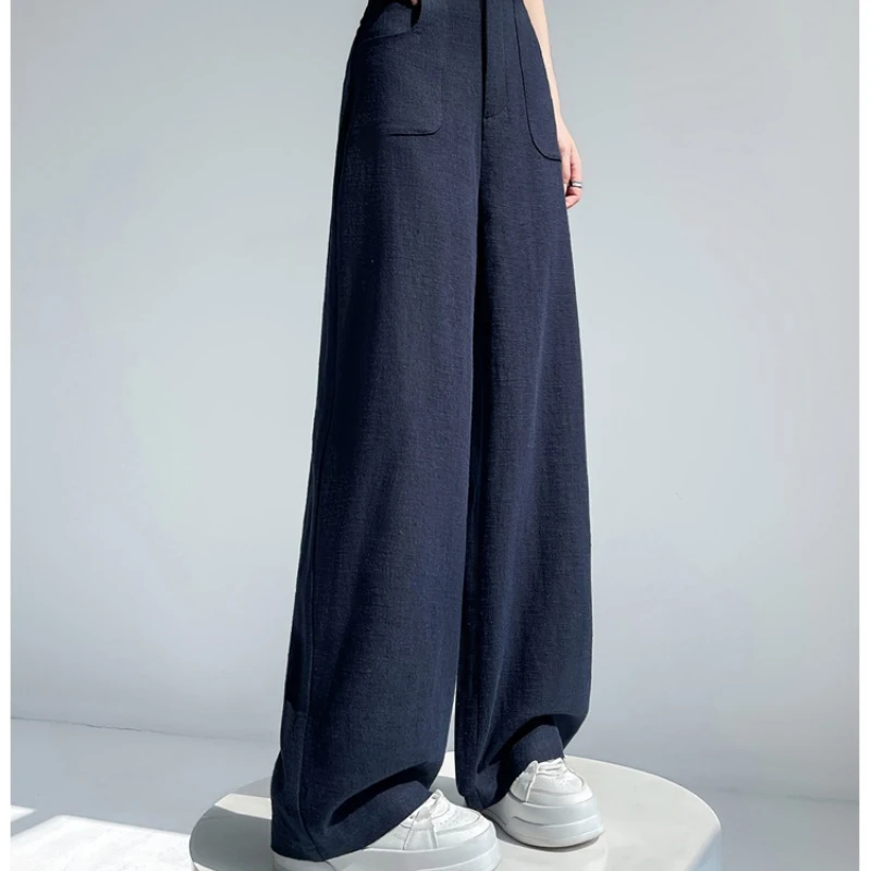 กางเกงขากว้างสําหรับผู้หญิงเอวสูงฤดูร้อนปี 2025 มีความรู้สึกเดรปสไตล์วินเทจทรงตรงลําลองกางเกงยาวพื้น