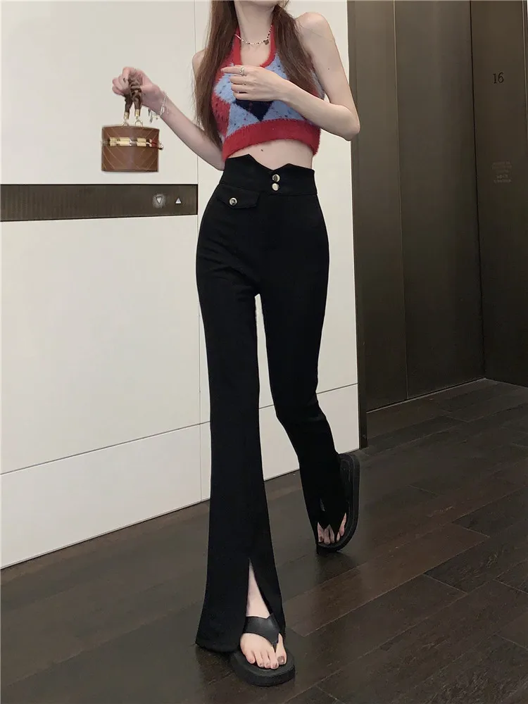 

Black Solid Suit Pants Metal Buckle High Waist Split Casual Pants Women's Summer 2022 New Slim Fit Black Micro Horn Pants