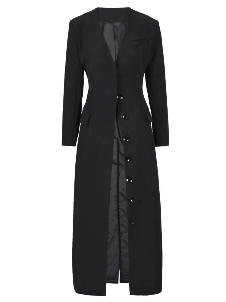 DEAT-Manteau Femme Sans Col Manches sulf, Simple Boutonnage, Poches, Noir, Coupe-Vent Slim, Nouvelle Collection Automne 2024, 7AB1239