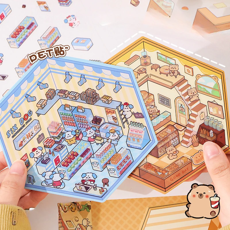 3D DIY Capybara Kaninchen Landschaft Aufkleber Koreanischen Stil Cartoon Aufkleber Miniatur Hütte Szene Stapeln Einfügen Hand Konto Geschenk