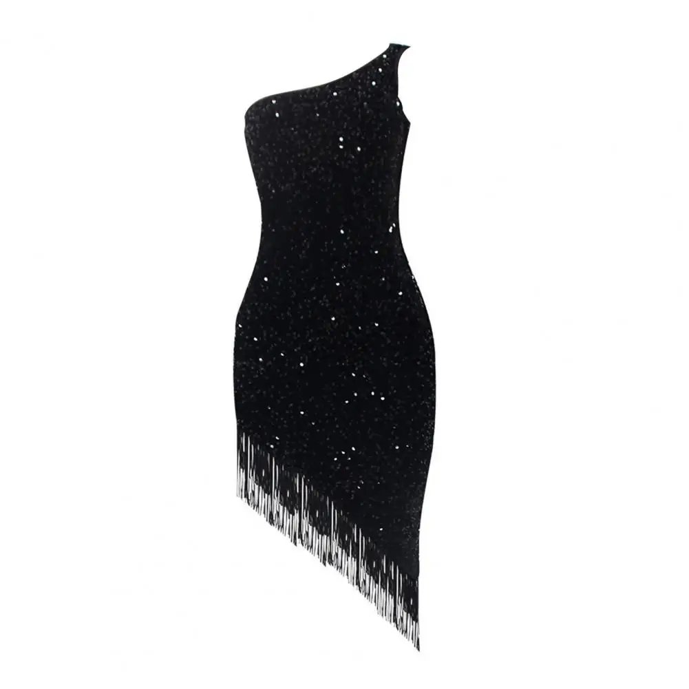 Sequin Embellished Cocktail Dress Elegant Sequin One Shoulder Evening Dress with Tassel Hem for Wedding Cocktail Party Clubwear