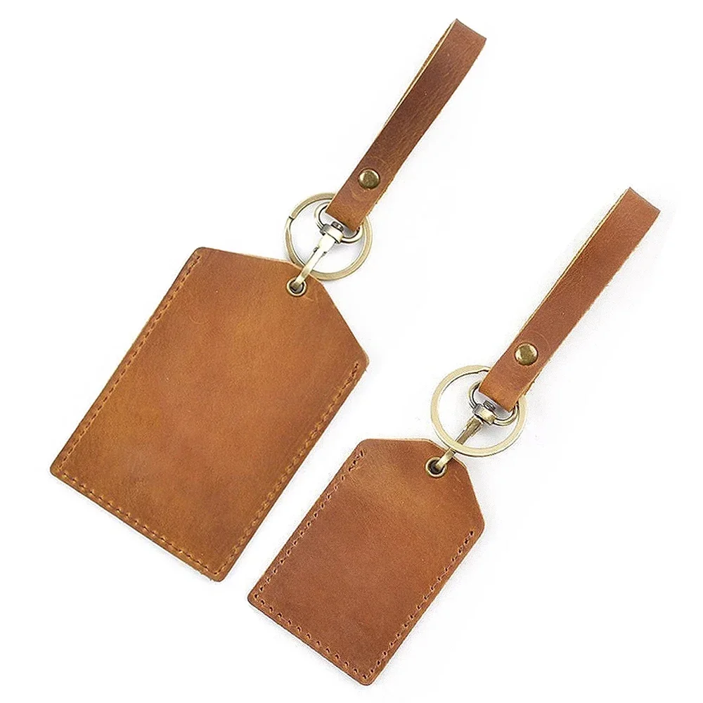 Luggage Tags Crazy Horse Leather Bus Card Holder Key Chain Access Card Holder Campus Card Protector Key Wallet Organizer Engrave