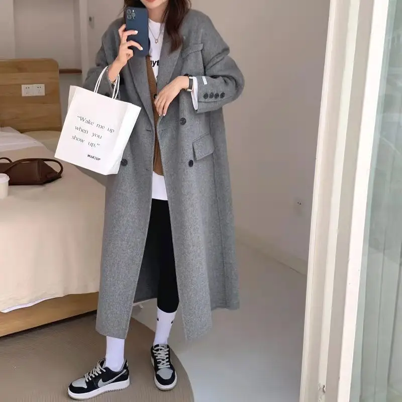 

Large size women's suit collar autumn and winter new woolen coat fat mm medium and long loose and thin gray woolen coat