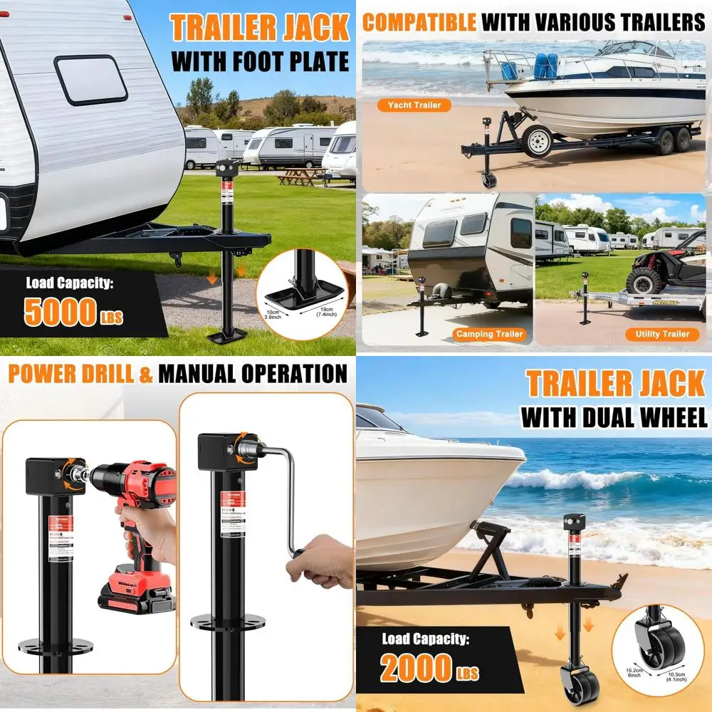 Upgraded 2-in-1 A-Frame Trailer Jack, Switch Between 5000lbs Foot Plate & 2000 lbs Dual-Wheel, 20-24V Cordless Drill Compatible,