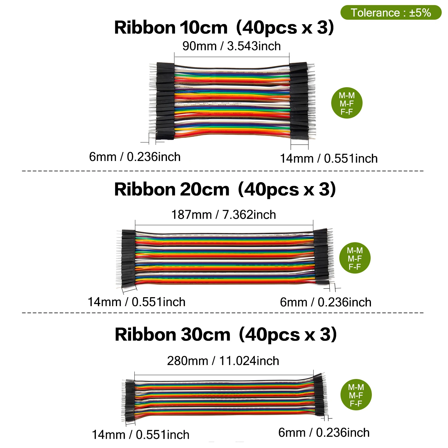 Dupont-Kit de Cable de puente de cinta, 10cm, 20cm, 30cm, macho, hembra, 24AWG, juego de línea de cobre para bricolaje, placa de pruebas Arduino PCB