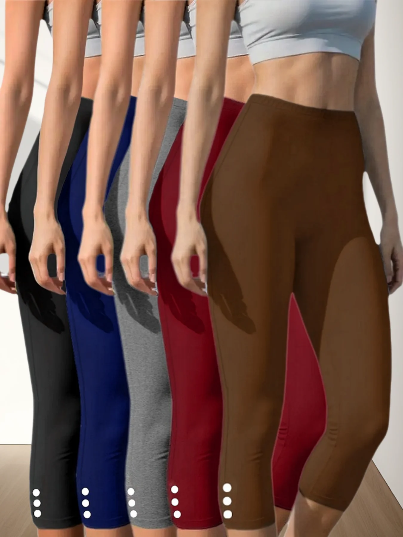 

Женские спортивные штаны больших размеров из 5 штук 3/4 длины, эластичные удобные брюки, леггинсы для фитнеса и йоги, украшенные пуговицами.