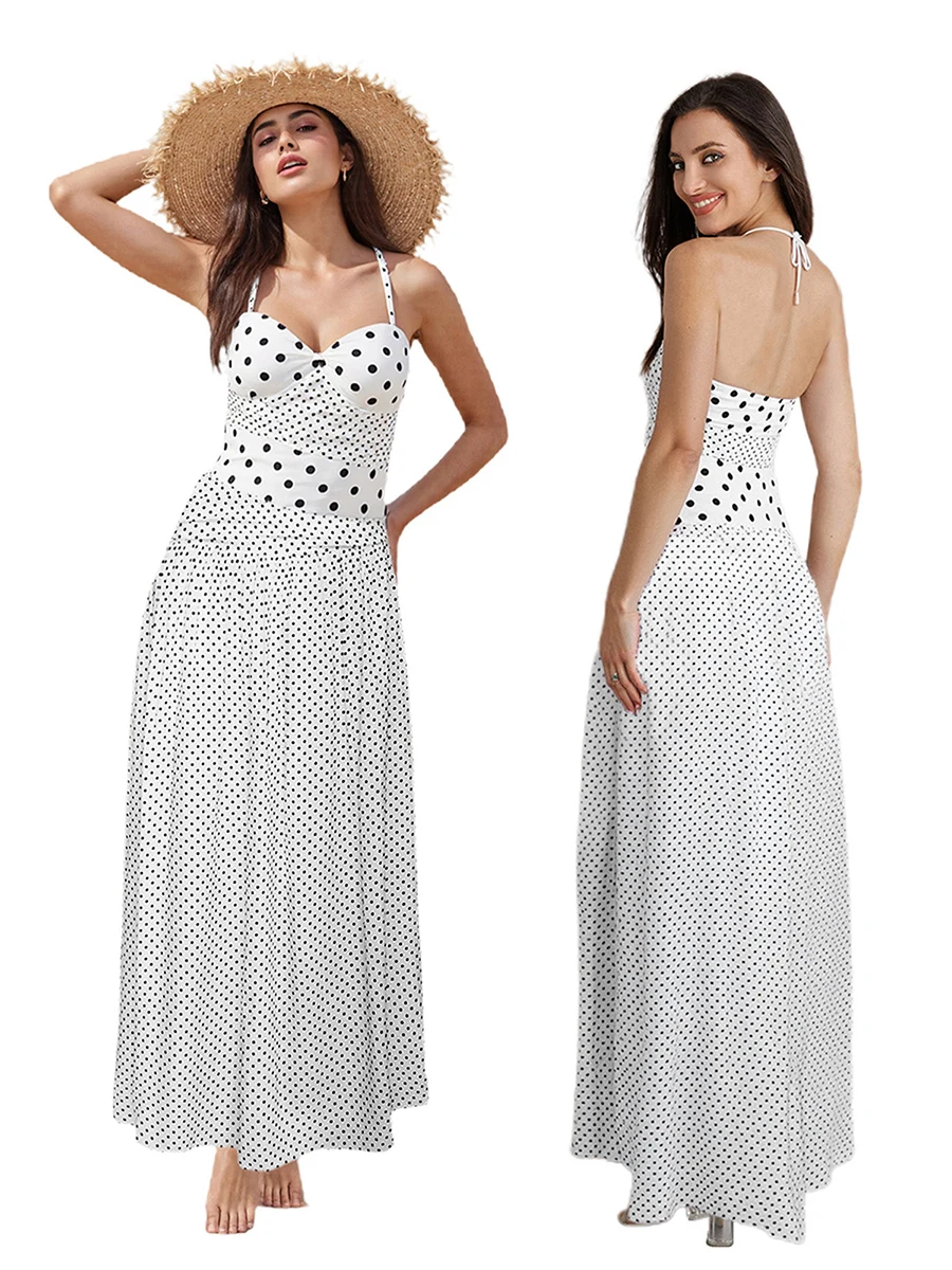 Robe longue d'été pour femmes, sans manches, dos nu, col licou, imprimé à pois, robe de plage