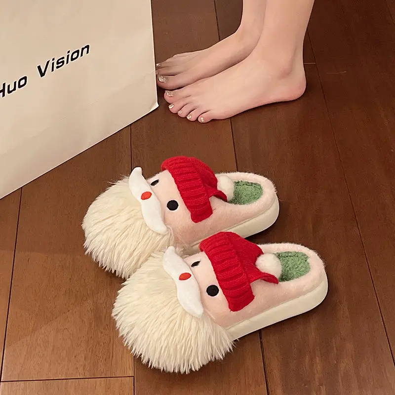 

Cartoon cute Christmas plush slippers women outside wear winter cozy indoor home versatile warm cotton slippers for the holidays