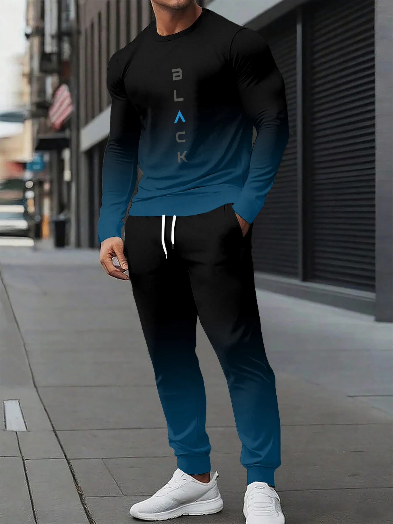 

Simple Fashion Print Men's Fall Fashion Casual Crew Neck Tops And Pants Urban Street Fashion Trends Men's Tops And Pants