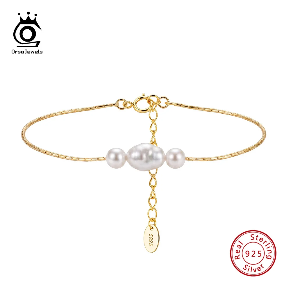 ORSA JEWELS Simple Freshwater Pearl Bracelet Women 925 Sterling Silver Adjustable Bamboo Chain Bangle Daily Jewelry Gift GPB71