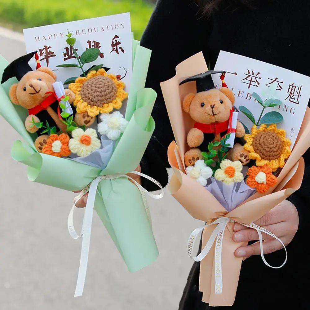 

Woven Graduation Bear Sunflower Bouquet Plush Cartoon Doctoral Bear Bouquet Lovely Elegant Crochet Flowers Bouquet