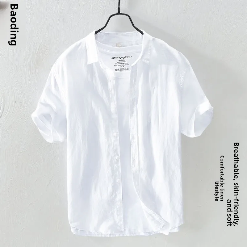 

Летний тонкий ледяной шелк, льняной мужской ort Sve Loose Busin Casual Color f Sve Cotton Linen irt White Trendy