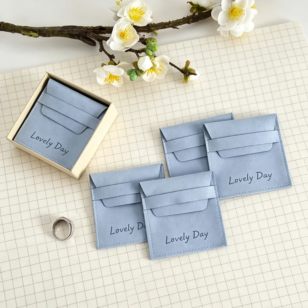 

50Pcs Custom Blue Logo Jewelry Microfiber Envelope Bags for Earrings Rings Studs Glasses Watches Wedding Gift Storage Packaging