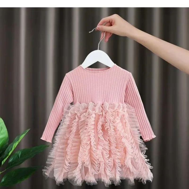 Girls Long sleeved Dress Pure Cotton Spring and Autumn New Fashionable Children's Baby Princess Fluffy Yarn Dress