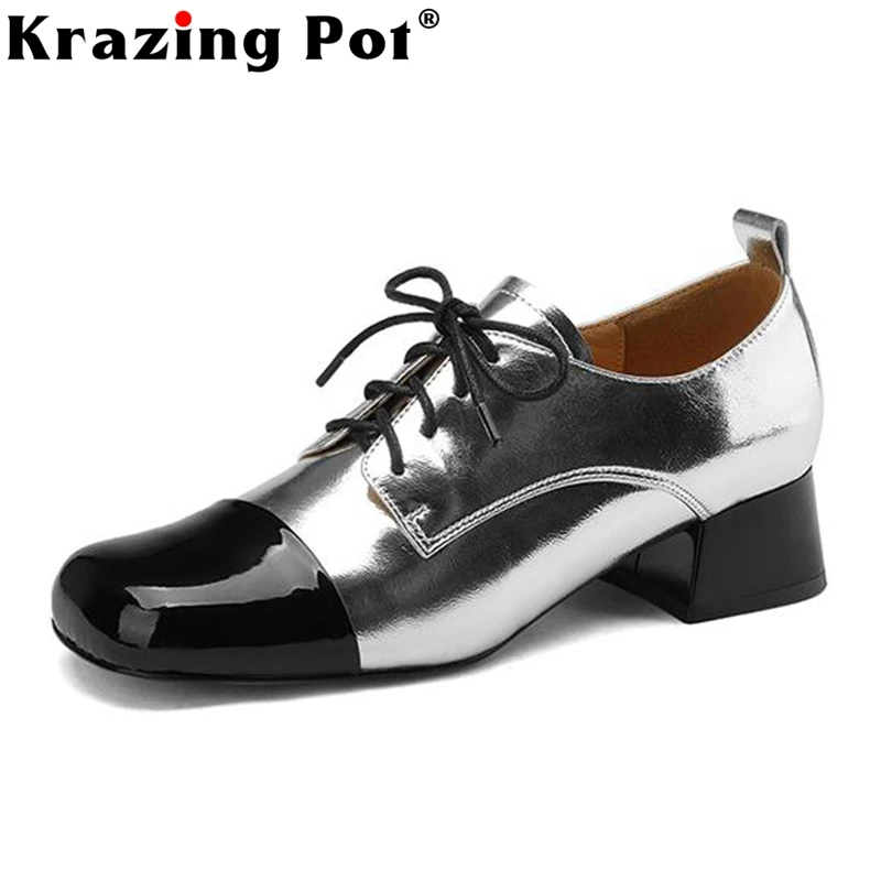 

Krazing Pot Genuine Leather Round Toe Med Heels Autumn Shoes Leisure Mixed Colors Fashion Western Cross-tied Brand Women Pumps