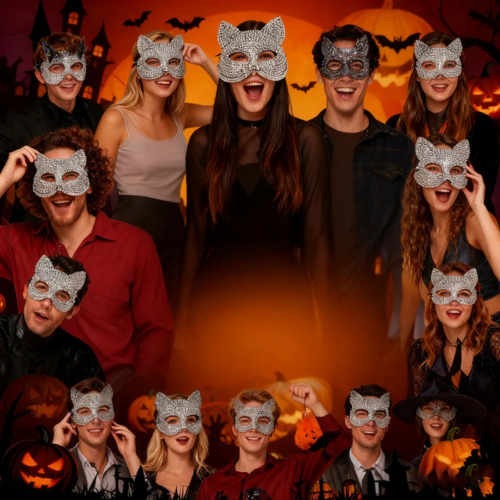 

Маска-полумаска кошки с бриллиантами, аксессуар для костюма на Хэллоуин, карнавал, маскарад, косплей