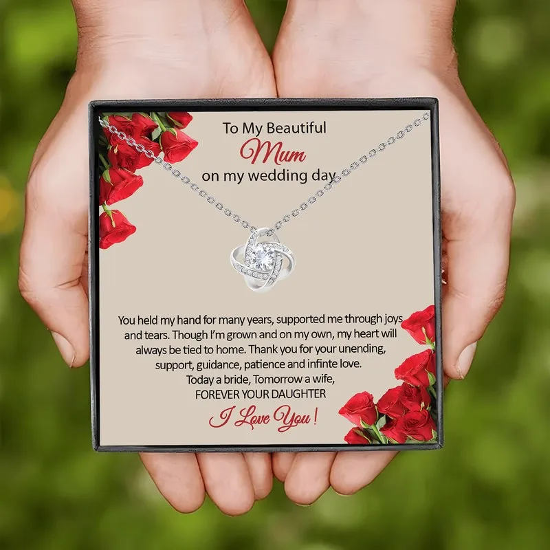 قلادة أنيقة على شكل عقدة على شكل قلب لهدية زفاف الأم مع بطاقة تذكار في صندوق هدايا مجوهرات عاطفية للابنة والعروس تذكار