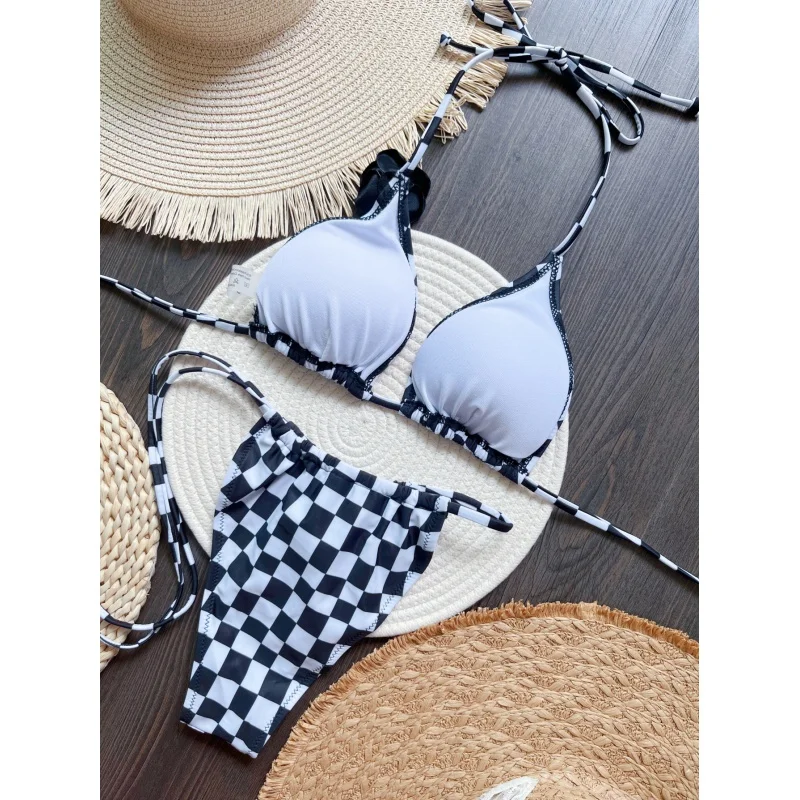 2025New Bikini Black and White Plaid Printed Swimsuit Beach Sexy Women's Swimsuit