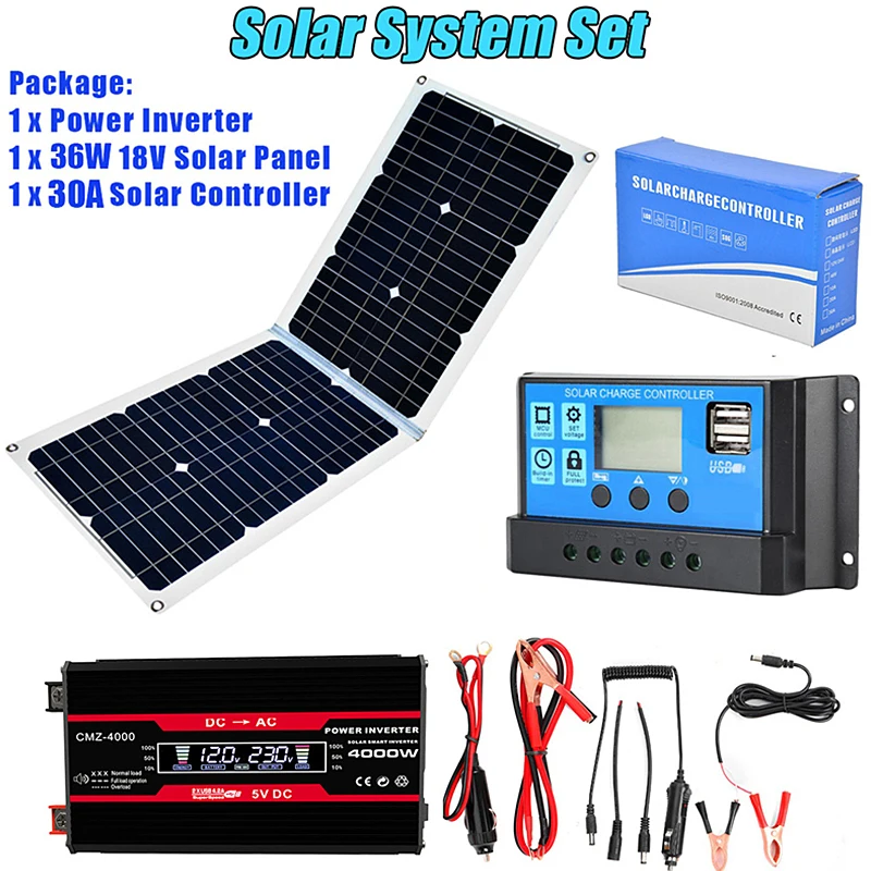 

110V/220V Solar Power System 4000W 12V to 220V Car Inverter with LCD Display+36W 18V Solar Panel+30A Solar Controller Outdoor