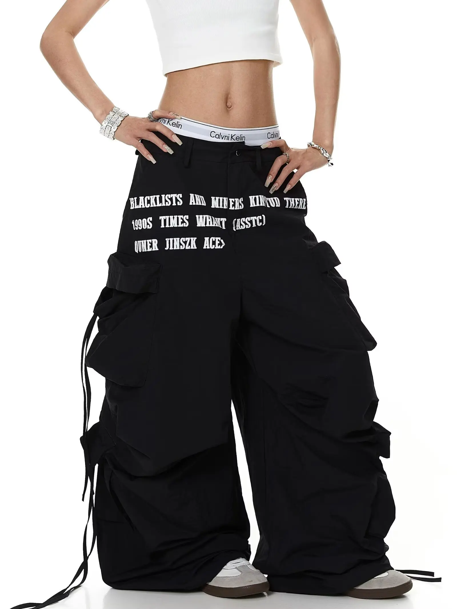 American Retro High Street Drawstring Multi Pocket Pleated Letter Paratrooper Workwear Pants Women's Street Dance Pants
