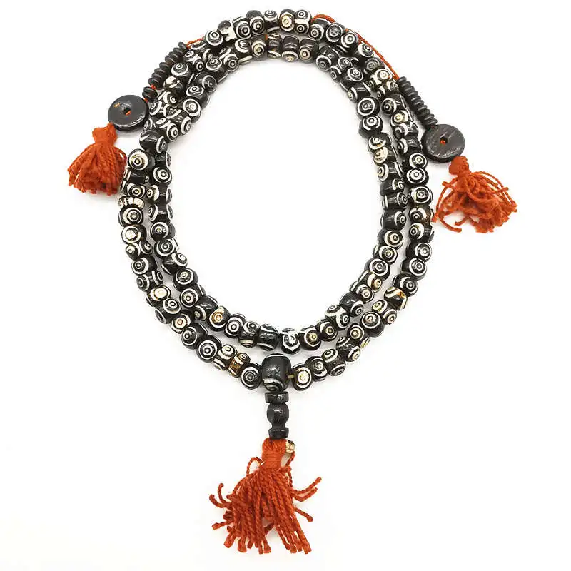 Tibetan Hand Carved Three Eyes Dzi Mala 8mm 108PCS Ox Bone Beads Meditation Rosary BRO530