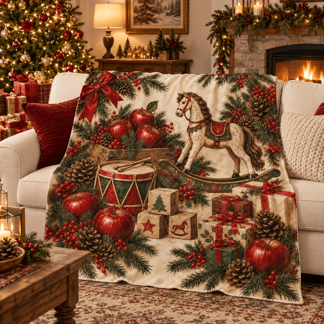 Vintage Christmas Toy Flannel Blanket Rocking Horse Drum Apple Gift Box Pine Branch Holiday Throw Blanket for Sofa Bed Couch Bedroom Living Room Home Decor Winter Decoration Seasonal Gift Cozy Nap Blanket Office Travel Festive Bedding Room Accent