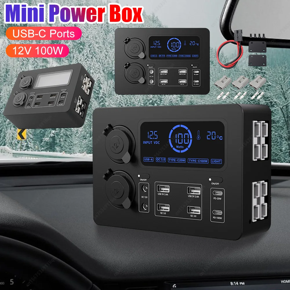 

12V 100W Mini Power Box with LED Lights LCD Display Power Box USB-C Ports Fast Charging Power Distribution Box for RVs SUVs Boat