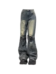 Harajuku Fashion Retro Wide Leg Pants Hollow Out Patchwork Loose Fit Full Length Cotton Denim Jeans Hip Hop Straight Streetwear