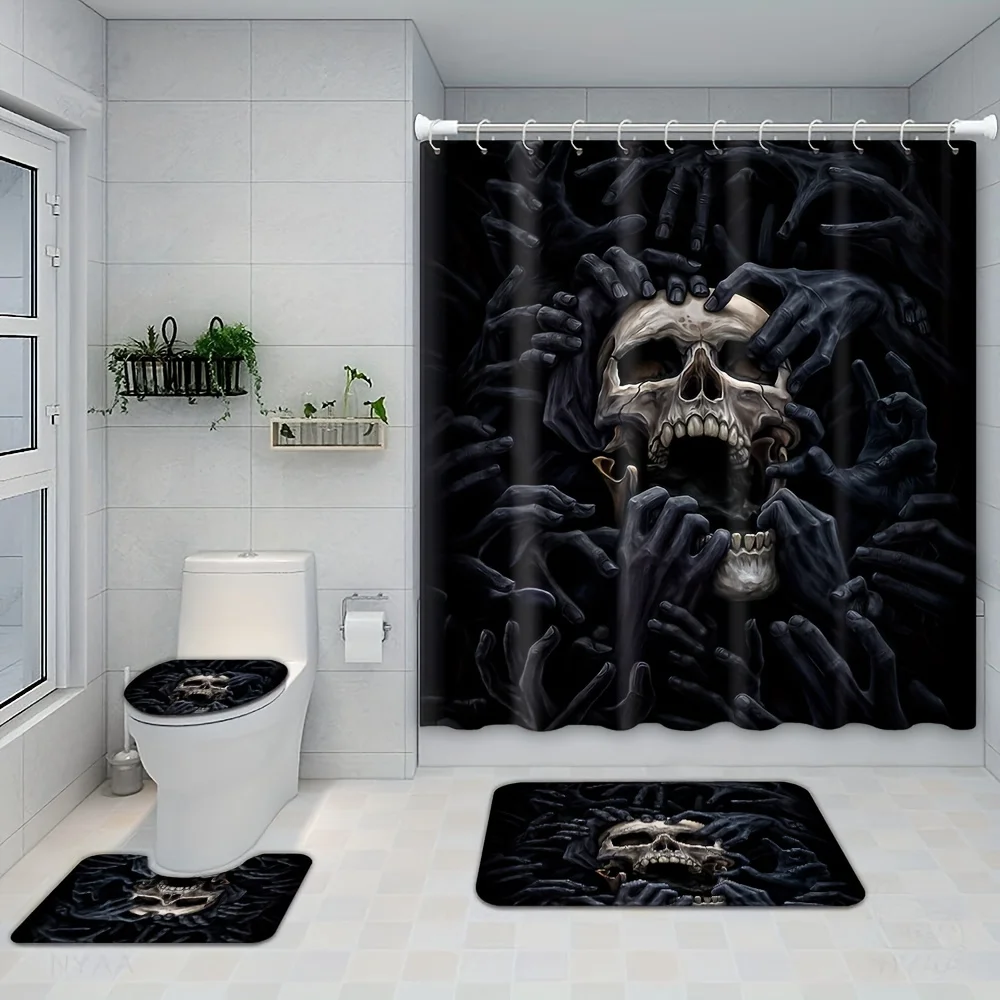 Horror Skull Ghost Hands Shower Curtain Set 4Pcs, Dark Gothic Skeleton Demon Hand Waterproof Shower Curtain, Non Slip Absorbent Bath Mat Toilet Lid Cover Halloween Bathroom Decor Kit