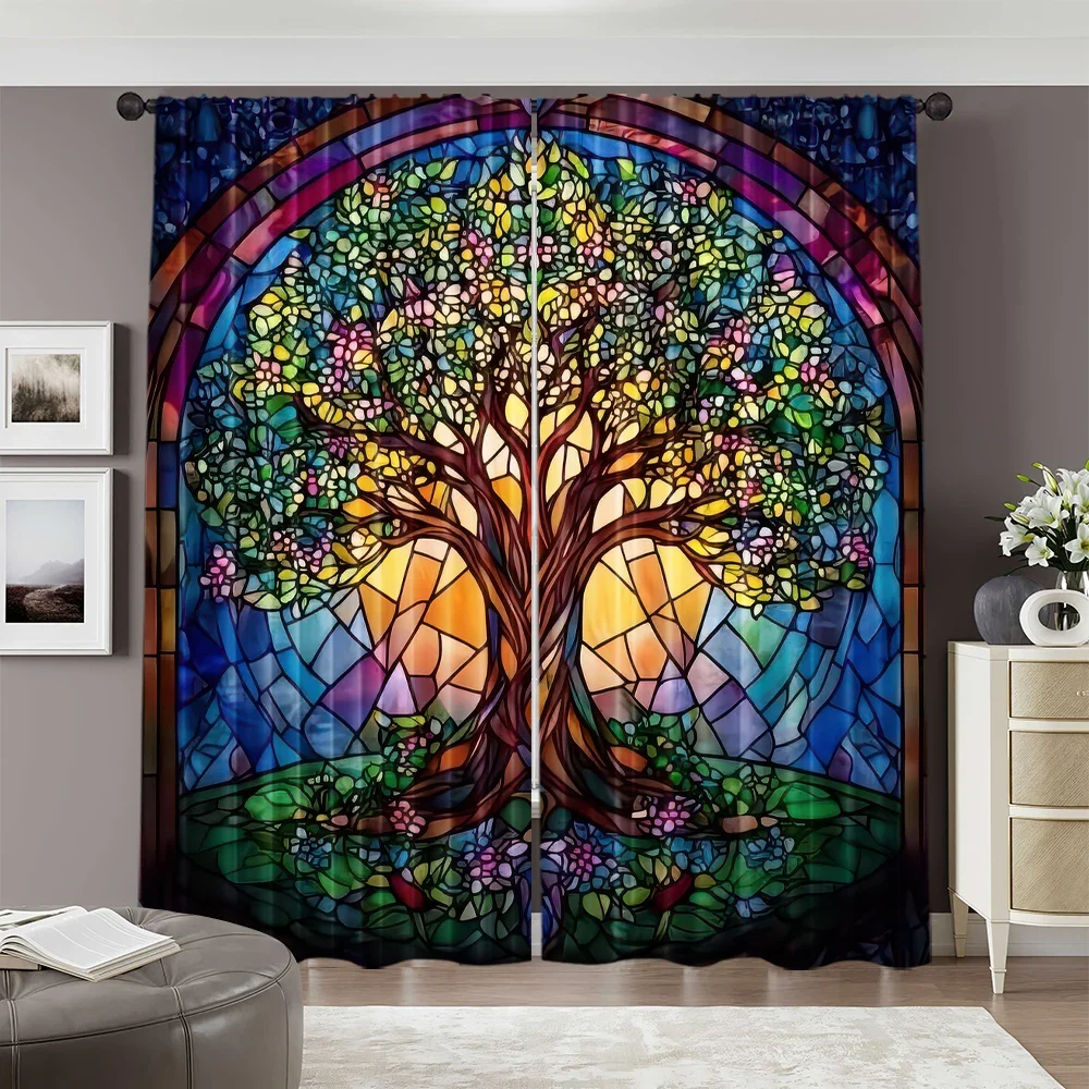 VIKAMA 2-teilige bunte Glas-Baum des Lebens-Vorhänge für Wohnzimmer, Schlafzimmer, Küche, Verdunkelungsvorhänge im Taschenstil, Heimdekoration