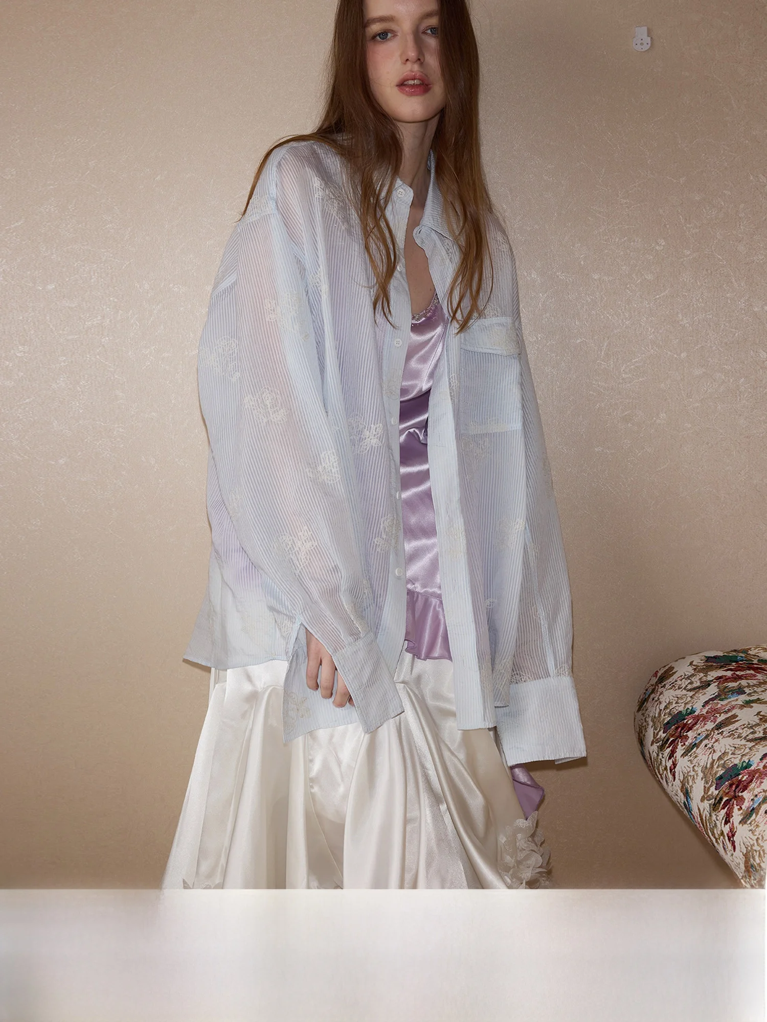 

COINROVA Light Blue Striped Embroidered irt Summer Thin Semi-Transparent Long Sve Outerwear Top Women's Busin Casual ...