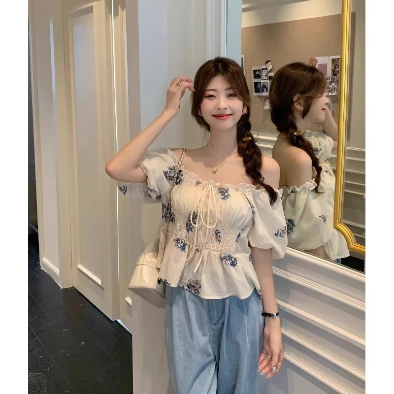 2024 Summer French Dressy Sweet Short Sleeve Top Tees Floral Bubble Sleeve Shirt Large Size Slim Blouse Women's Clothing Y2k 티셔츠