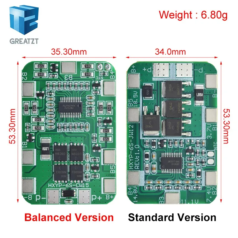 GREATZT 6S 22.2V 25.2V 14A 20A 18650 Li-ion Lithium Battery Charger Protection Board with Balanced PCB BMS 6 Pack Cells Module