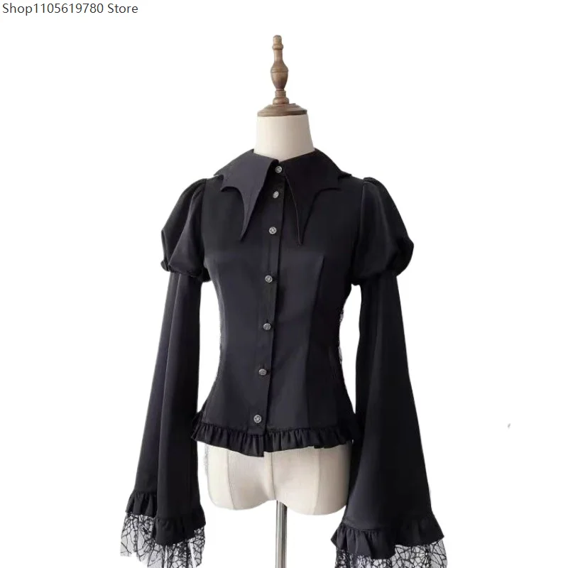 Gothic Lolita Lace Blouse Shirt Bat Lapel Collar Women Frill Cobweb Sleeves Ruffle Tops Cravat Jabot Tie Halloween Devil Costume