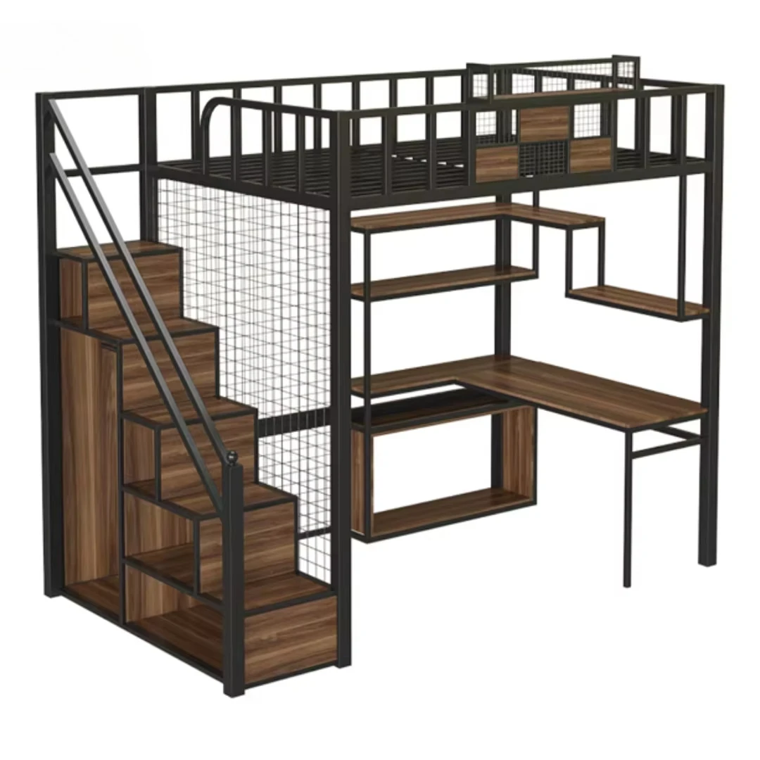School Dormitory Small Apartment Furniture Metal Bed Frame Bedroom Set Modern Loft Bed with Wooden Storage Ladder and Desk