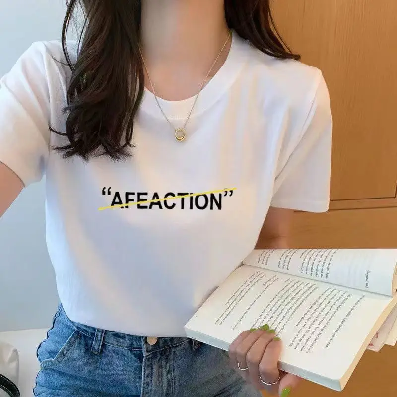 Simplicity Fashion White Printing Short T-shirt Women Classic Short Sleeve Loose O-collar All-match Lady Casual Pullover Top