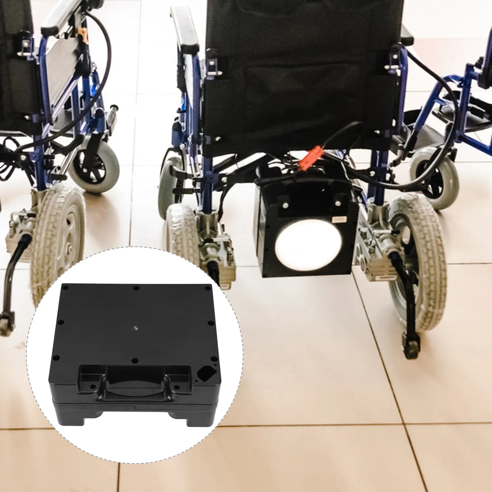 Wheelchair Battery Storage Box Supports Dual 12V 12Ah Batteries 24V Configuration Tough Plastic Build Secure Cable Management