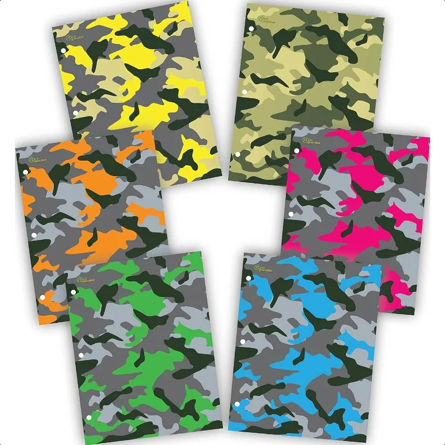

Camouflage 2 Pocket Folders Portfolio 6 Pack Letter Size with 3 Hole Punch to use with Your Binder Heavy Duty Glossy Finish UV