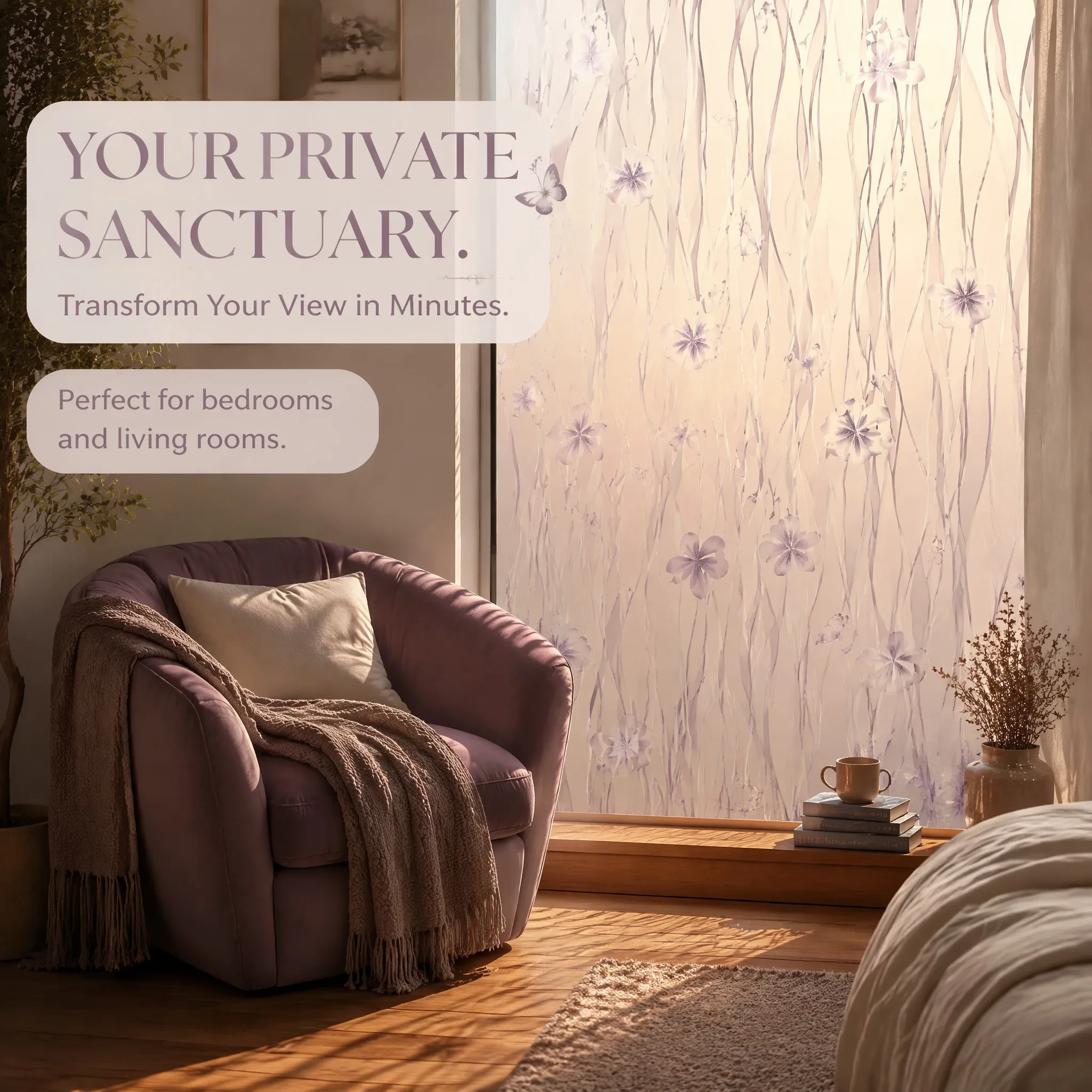 Minimalist Grey Wave Floral Butterfly Privacy Window Film with Built-in Adhesive Soft Light Filter Cuttable Modern Neutral PVC