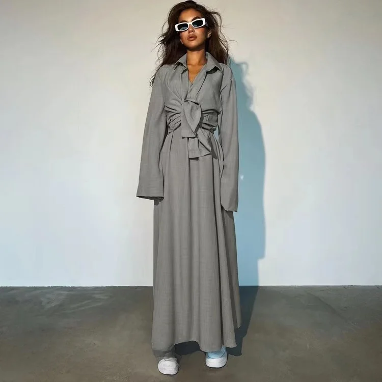 

Модный комплект из свободной рубашки с длинным рукавом и платья-жилетки, женская весенняя коллекция, костюм из двух предметов, полиэстер, с отложным воротником