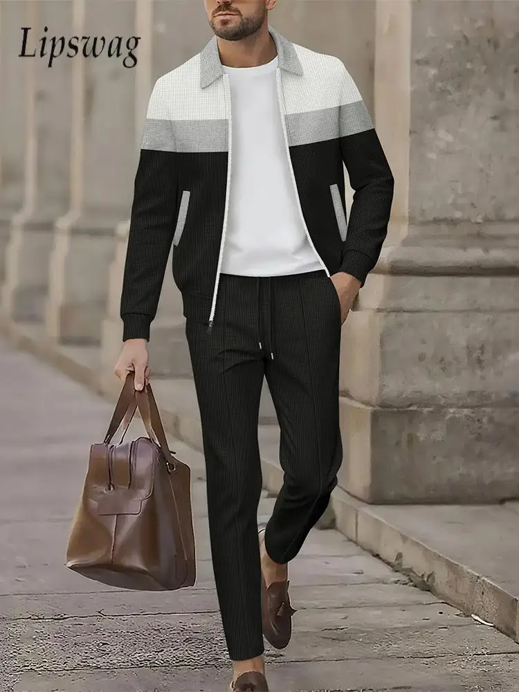 Stylish Men's Contrast Color Patchwork Sets Autumn Outdoor Fashion Jacket Coat And Pants Tracksuits Mens Casual Two Pieces Suits