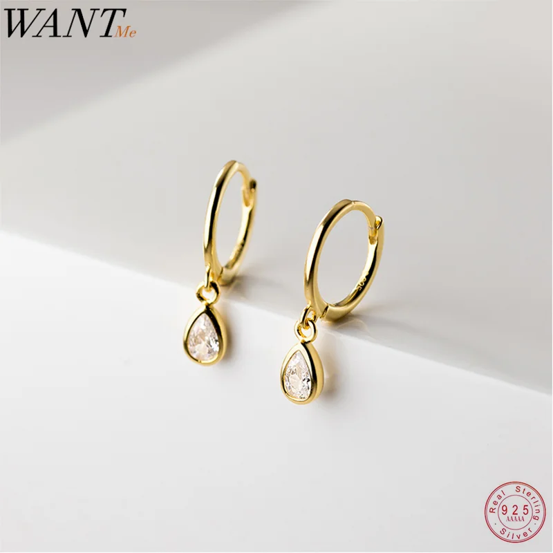 WANTME 925 Sterling Silver Sweet Water Drop Zircon Huggies Pendant Earrings for Women Fashion Wedding Party Hoop Charm Jewelry