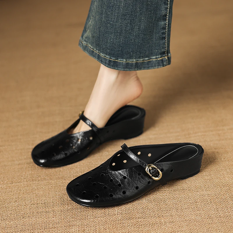 2026new summer women sandals natural leather 22-25cm sheepskin round toe hollow-out mules buckle high heel womenslippers fashion