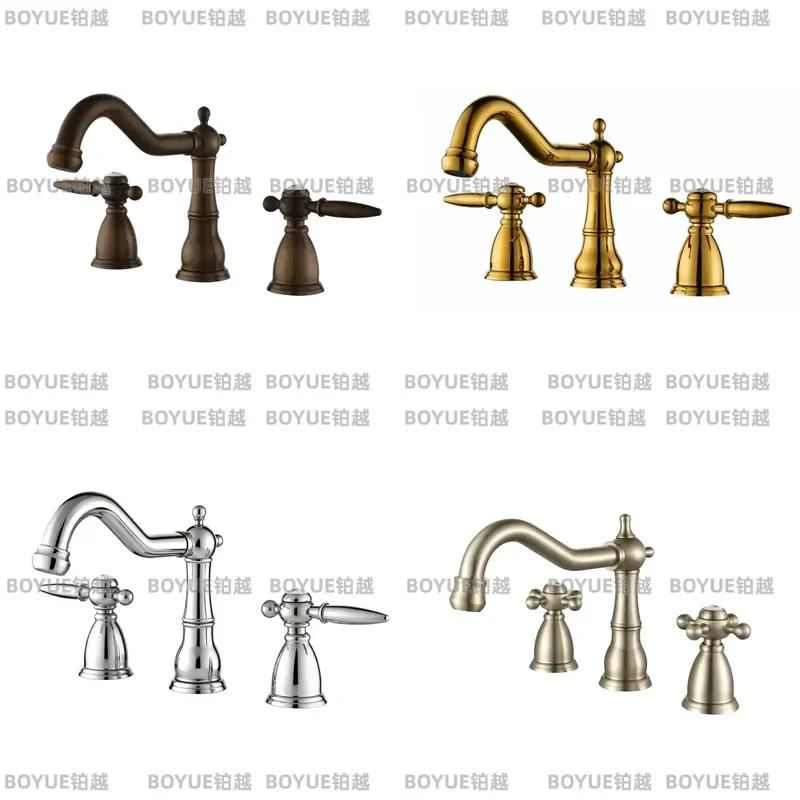 Antique Gold Brass 3 Hole Basin Faucet Dual Handle Hot Cold Water Mixer Tap Split Deck Mount Bathroom Sink Faucet Set