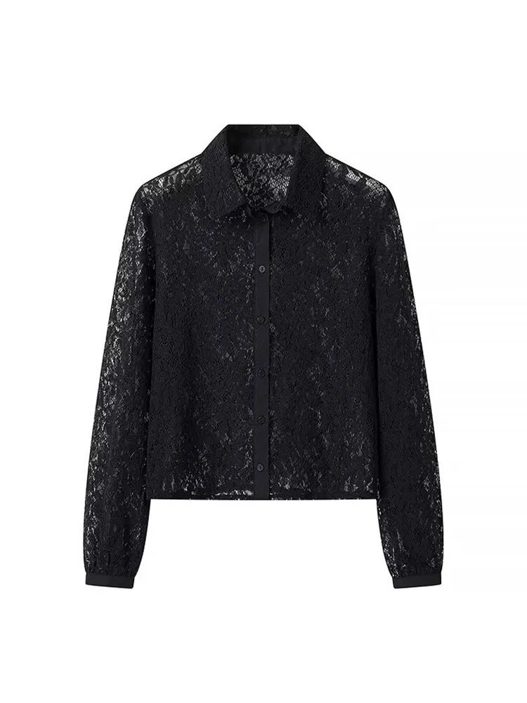 Women Elegant Long Sleeves Lace Shirt Fashion Lapel Hollow Out Single Breasted Blouses Office Lady Sexy Solid Top Shirts TRAF