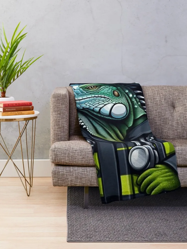 Firefighter Iguana Illustration: A Unique Blend of Heroism and Wildlife Throw Blanket Hairy Blankets