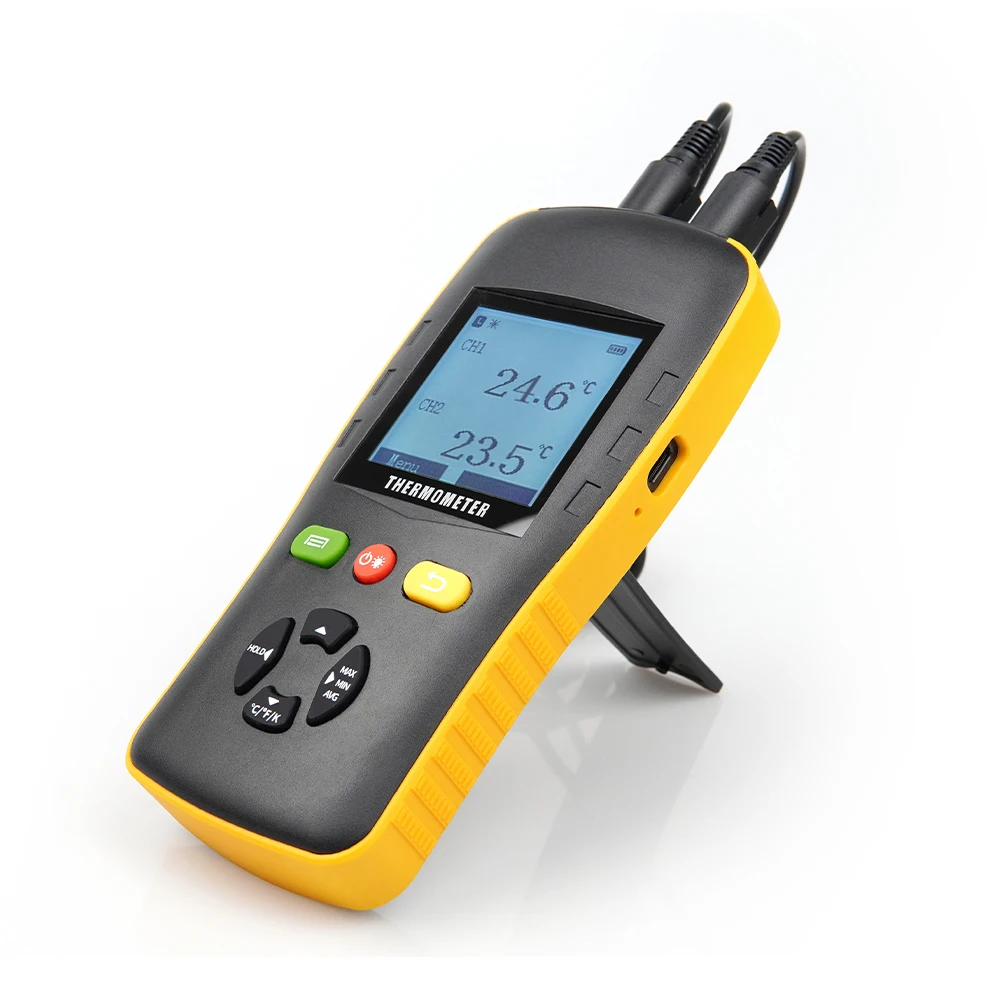 Good stability, digital thermometer, dual PT100 PT1000 probe 2-channel LCD display, battery powered, temperature data logger