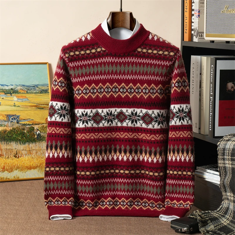 

Thickened Fel Island Cashmere Sweater Men's Half High Collar Jacquard Sweater Casual Loose Knitted Sweater Warm Base Sweater