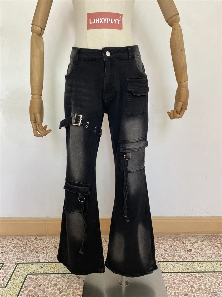 

Women Strap Design Black Micro Flared Skinny Jeans 90s Aesthetic Denim Trouser 2000s Vintage Clothes Female Skinny Cargo Pants